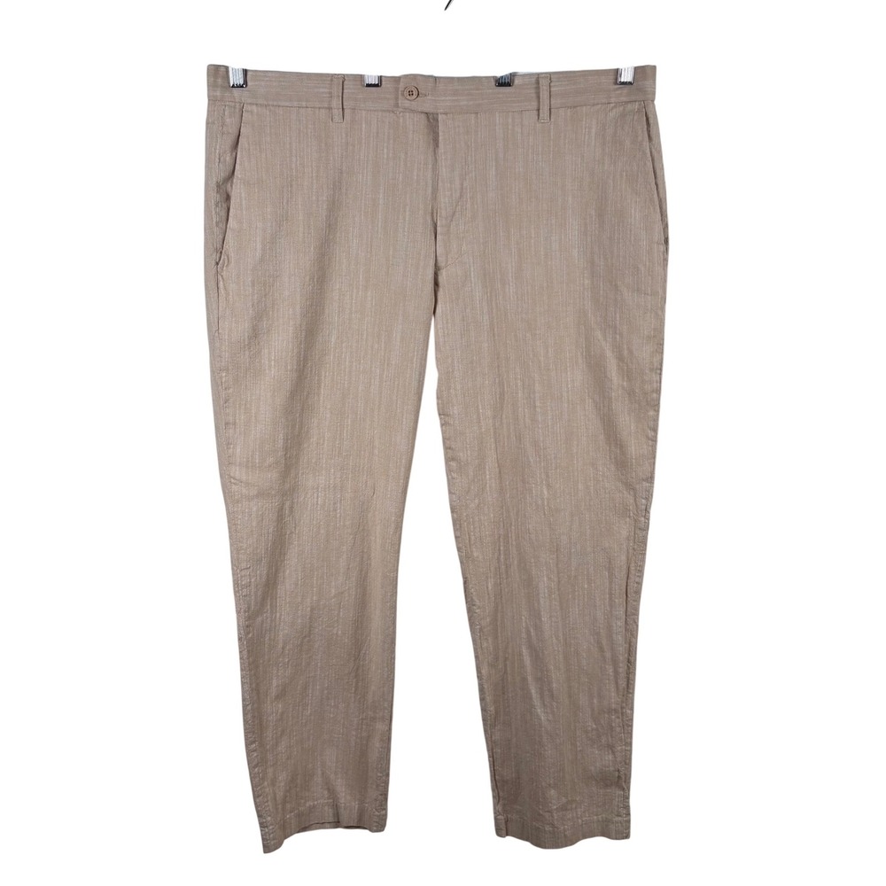 Kilburne & Finch Linen Cotton Pants 40W 30L Tan Slub Flat Front Trousers Preppy